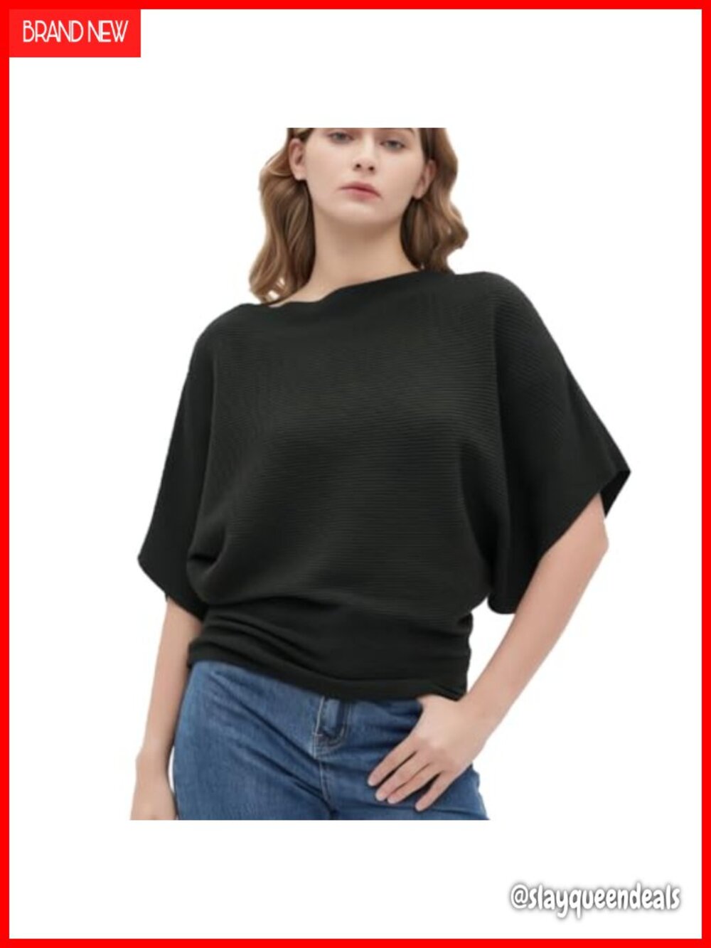 Boat Neck Short Sleeve Dolman Knit Sweater One Size Ribbed Pullover